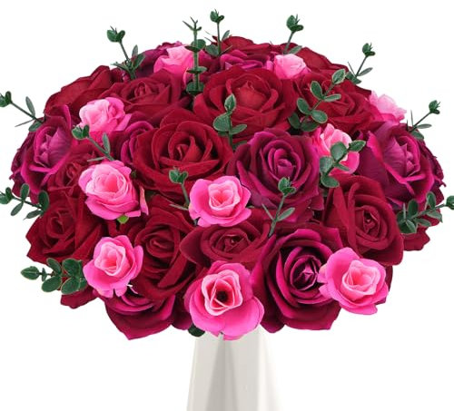 Fairblo Rose Finte Fiori di Seta Artificial Bouquet di Fiori 32 Teste Pink Rosa Piante Artificiali per Matrimoni, Casa, Feste di Compleanno, Decorazioni da Giardino