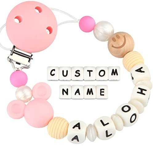 Kowlone Clip Ciuccio con Nome Personalizzata Catenella Portaciuccio Micky Mouse Porta ciuccio per Bambini(Rosa)