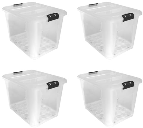JVL Plastic Secure Clip Lidded Storage Box with Wheels, Stackable & Nestable, Clear, Set of 4, 60L