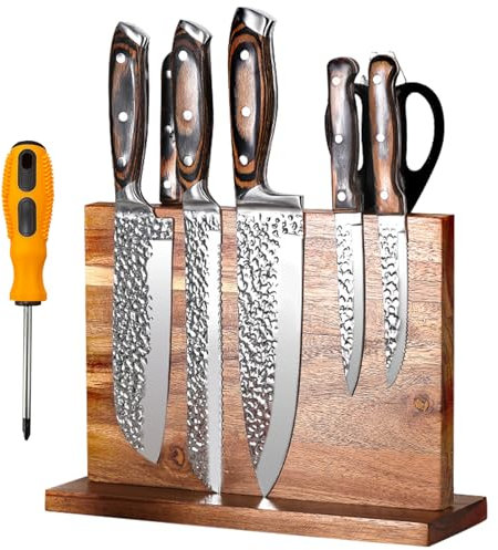 Fsaklaskdy Porte Couteaux Aimanté, Porte Couteaux Cuisine, Bloc Couteaux Magnétique Bois d'Acacia, Aimanté Double Face Porte, Range Couteau de Cuisine avec Aimant Puissant, Antidérapant et Encombrant