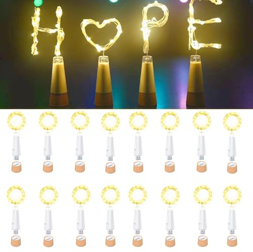 Ceepko USB Bottle Lights Rechargeable Wine Bottle Fairy Lights Cork LED String Lights 20 LEDs Copper Wire for Table Party DIY Decor(Warm White, 16 Pack)