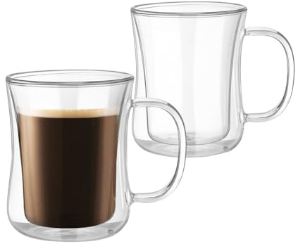 2x350ml Double Walled Coffee Glasses Mugs with Handle, Cappuccino Latte Macchiato Cups for Tea Coffee Milk Juice Ice Cream, Handmade Insulated Borosilicate Heat Resistant Glass, Easy to clean