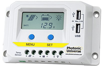 10A 12V/24V solar charge controller / regulator with LCD display and advanced control features for solar panels up to 160W (motorhome, caravan, campervan or boat)