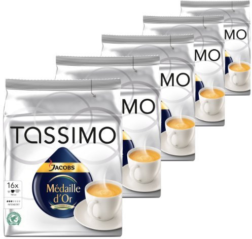 Tassimo Jacobs Médaille d Or, Kaffee, Arabica, Kaffeekapsel, gemahlener Röstkaffee, 5er Pack, 5 x 16 T-Discs
