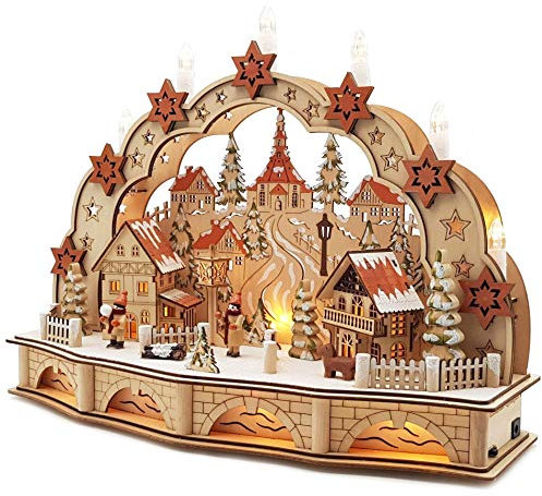 Wichtelstube-Kollektion Holzkunst LED Schwibbogen mit Sockel Seiffener Kirche Schwibbogen Lichterbogen Weihnachtsdeko Fenster Echtholz, Batteriebetrieben inkl. Timer