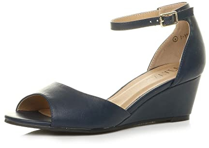 AJVANI Womens ladies low mid wedge heel peep toe ankle strap smart casual evening sandals size