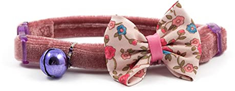 Ancol Collier de sécurité Vintage pour Chat en Velours avec nœud Amovible et Boucle détachable - Clochette d'avertissement Incluse - Rose