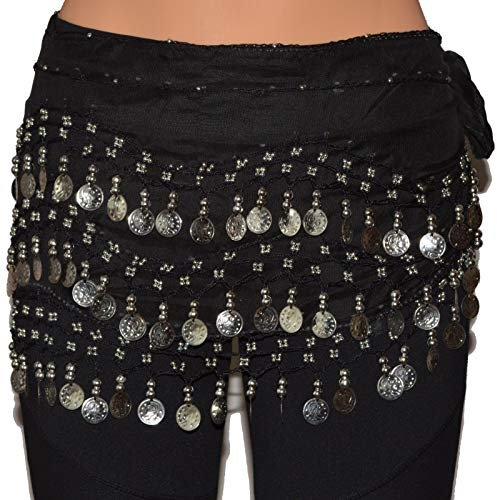 Tanzbekleidung & Accessories Bauchtanz Chiffon Hüfttuch Münzgürtel Bauchtanzgürtel Belly Dance Karneval (ca. 142 Münzen, Schwarz mit silbernen Münzen)