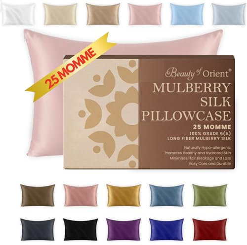 Beauty of Orient 25 Momme Premium-Maulbeerseide-Kissenbezug für Haar und Haut, handgefertigt, hypoallergen und Anti-Akne-Seiden-Kissenbezüge mit Reißverschluss, King-Size, 50,8 x 91,4 cm, Rosenwasser