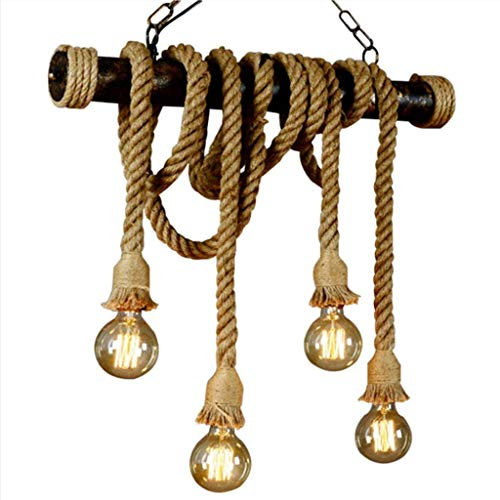 AHQX Retro Pendellampe Hanfseil Eisen Industrie Hängelampe E27*4 Flamme Pendelleuchte Höhenverstellbar Handgewebte Innen Wohnzimmer Hängeleuchte Restaurant Bar Dekorative Beleuchtung Kronleuchter
