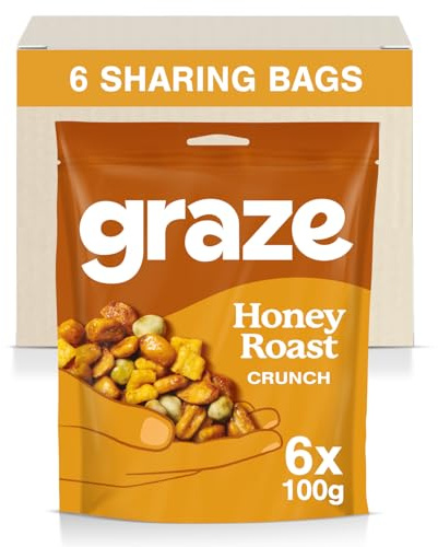 Graze - Honey Roast Crunch Snacks -Healthy Snacks Alternative for Crisps, Mixed Nuts & Pretzels - Ideal if You Love Corn, Broad Beans and Corn Hoops Mixed Savoury Snacks (6x100g pack)