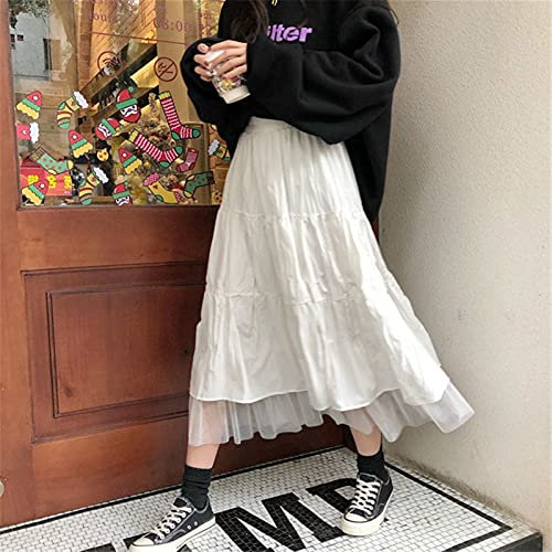 Mfacl Maxi Rock flaumig Röcke für Frauen - Lange Tüll Midi Röcke Frauen Herbst Elastische Hohe Taille Mesh Plissee Röcke Weibliche Lange Rock Schwarz Weiß (Color : White, Size : S)