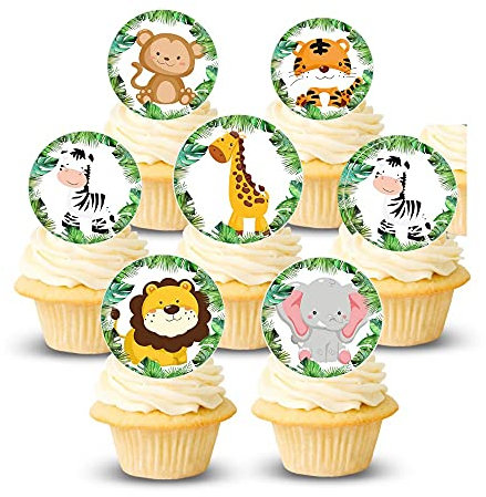 24x Pre-cut Jungle Safari 4cm Circles Thick Wafer Card Standing Cupcake Toppers Birthday Party Cake Decorations