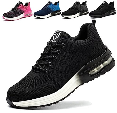 ISOOUS Sicherheitsschuhe Herren Damen Arbeitsschuh Luftkissen Schutzschuhe mit Stahlkappe Sportlich Schuhe Atmungsaktiv Schwarz Weiß 46