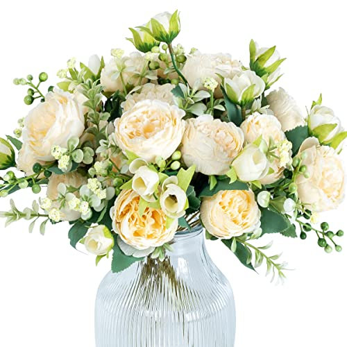 Hobyhoon Pfingstrosen Künstliche Blumen Deko Hochzeit, Blumenstrauß Künstlich Rosen Pflanzen Deko,Kunstblumenstrauss Echte Haptik(Champagne)