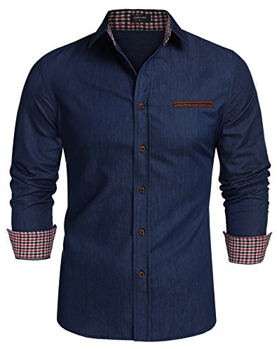 COOFANDY Herrskjorta långärmad jeansskjorta denim skjorta Kent krage långärmad skjorta cowboy stil fritid skjortor män business casual, B-mörkblå, XL
