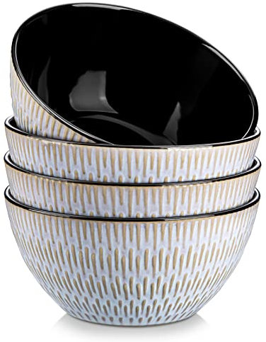vancasso Pluvo Cereal Bowl, 860ml Soup Bowls Set of 4, Large Stoneware Bowls for Salads, Porridge, Rice, Microwave & Dishwasher Safe Breakfast Bowls, White