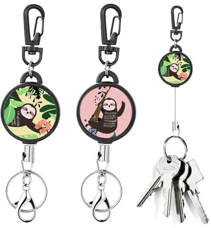 Silars Portachiavi Retrattile, 2pz Porta Badge a Moschettone Bradipo Portachiavi Estensibile Portachiavi Allungabile, con Cavo Retrattile in Acciaio da 65cm, per Identificativo, Ufficio, Scuola (02)