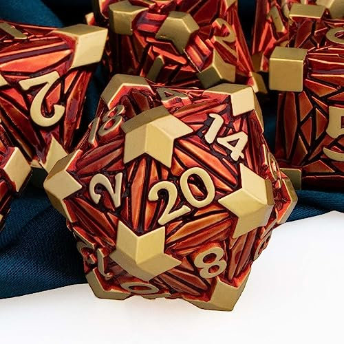 ARUOHHA DND-Metallwürfel-Set, Kristallscherben, D&D-Würfel mit Geschenk-Box, 7 Stück, goldrote D- und D-Würfel, Dungeons and Dragons, Rollenspiel, polyedrisches Würfel-Set, D20, D12, D10, D8, D6, D4