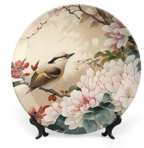 Gokays Bird & Peony - Piatti decorativi cinesi con pittura meticolosa, decorazione per la casa, in ceramica, regali di nozze, piatti da pranzo, per soggiorno, cucina, corridoio, consolle, 20 cm