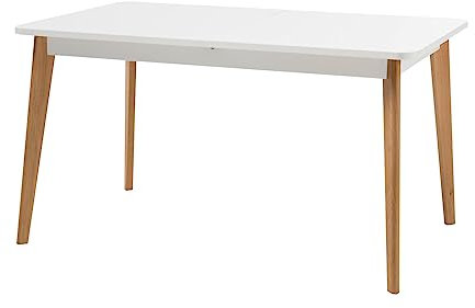 Esstisch weiß und Eiche Riviera Holz Esszimmer Tisch ausziehbar mit Einlegeplatte Küchentisch skandinavisches Design 140-180 cm Helge (Esstisch)
