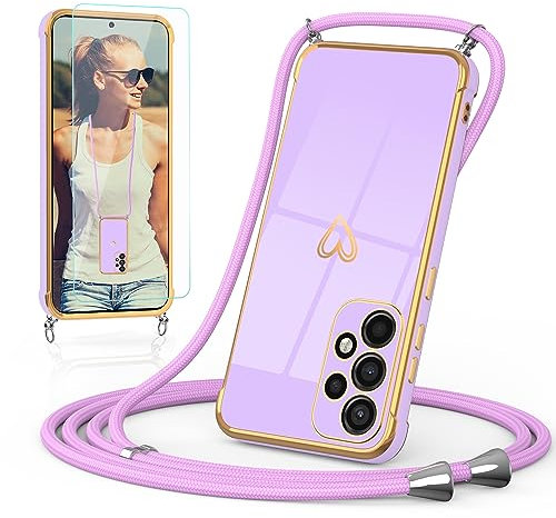 Togestar Chaîne de téléphone portable - Coque de protection pour Samsung Galaxy A53 5G - Avec cordon et film de protection - Protection de l'appareil photo - Cœur Love - 360 degrés - En silicone TPU -