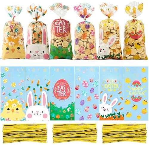 slothbyte 60 Stück Geschenktüten Ostern Cellophantüten Süßigkeiten tüten Plätzchentüten Transparent Candy bar Geburtstag Geschenksackerl mit 100er Twist Ostereier Kaninchen Küken(27,5x12cm)
