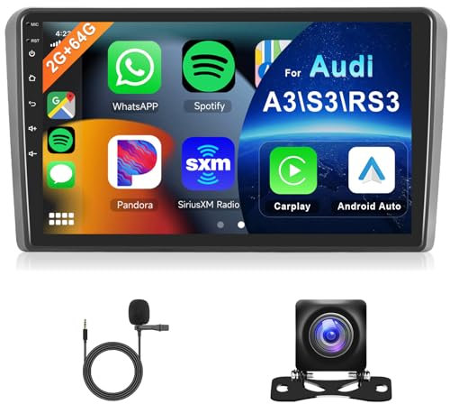 Hodozzy 2GB 64GB Android Autoradio per Audi A3 2003-2012/S3 2006-2012/RS3 2011-2012 Carplay Android Auto, 9 Pollici Touch Screen Radio con Bluetooth GPS WiFi RDS Hifi, Telecamera 2 Din Radio per Audi