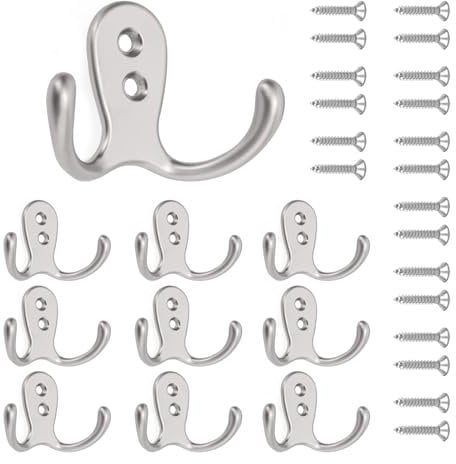 10 PCS Double Prong Robe Hooks Dual Coat Hooks Door Hooks with 20 PCS Screws Chrome Wall Mounted Hooks for Hanging Hat Tie Clothes Towel Metal Retro Cloth Hanger Silver for Bedroom Bathroom Kitchen