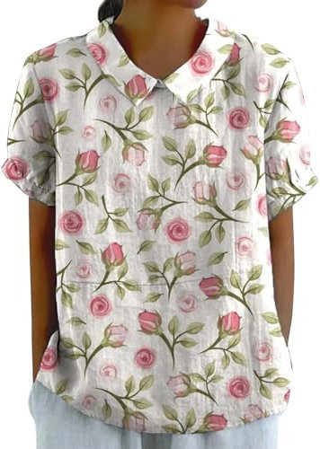 Jingmcdy Damen Leinenbluse Floral Art T-Shirt Top Freizeithemd T-Shirt Tshirt Damen Rundhals 2024 Button-Down Kurzarm, Sommer Herbst Duft Sale Angebote Retro Bluse