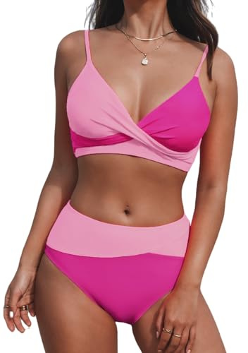 CUPSHE Women's Twist Front High Waisted Bikini Set V Neck Padded Two Pieces Bathing Suits Swimsuits Magenta/Pink XL