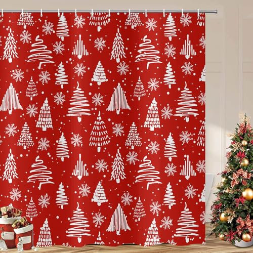 ASDCXZ Rideau de douche de Noël - 180 x 180 cm - Motif sapin de Noël blanc et flocon de neige - Lavable - En polyester imperméable - Avec 12 crochets