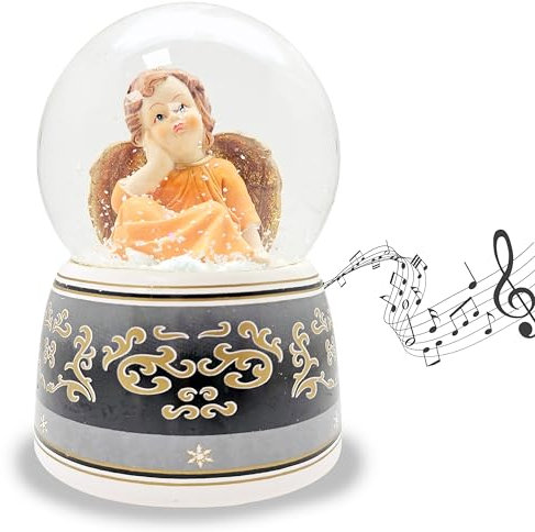 Schneekugel Weihnachten Engel terrakota verträumt | Sockel mit Ornamenten schwarz grau | mit Spieluhr „Wassermusik | Höhe: 140mm Breite: 100mm | 20036
