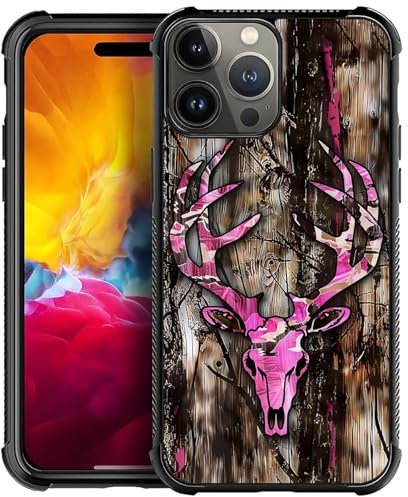 CARLOCA Kompatibel mit iPhone 15 Pro Max Hülle, Holz Rosa Jagd Hirsch Schädel Muster für Mädchen Ultra Schutz Stoßfest Weich Silikon TPU Rutschfeste Rückseite