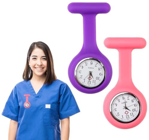 2 Pcs Fob Watches for Nurses, Silicone Nurse Watch with Brooch Medical Fob Watch Waterproof Analogue Fob Watches Pocket Clock with Pin for Health Care Nurses Doctors Paramedic (Pink and Purple)
