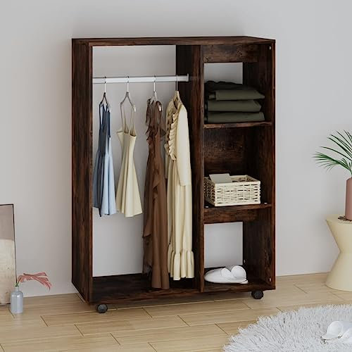 Myheimly Kleiderschrank Räuchereiche 80x40x110 cm Holzwerkstoff Kleiderständer mit viel Stauraum, Garderobe mit Rollen, Garderobenständer Garderobenschrank, Räuchereiche