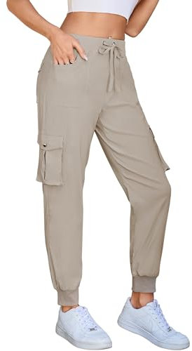Damen Cargo Jogginghose Multifunktions Outdoor Wanderhose Lang Leichte High Waist Stretch Sport Trekkinghose Multi Taschen (B Khaki, M)