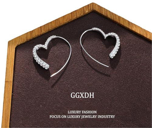 Herz Creolen Ohrringe für Damen, Hypoallergen Einfädler Ohrringe Tropfen Ohrringe, Funkelnde Diamanten Liebe Herz Hängend Ohrringe für Geburtstag Weihnachten Valentinstag (Silber)