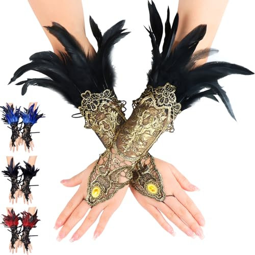 AUNGCSHE AUNGSHE Spitze Feder Handschuhe, Feder Manschetten, Damen Feder Spitze Fingerlose, für Halloween Kostüm, Maleficent Kostüm Damen(Gold)
