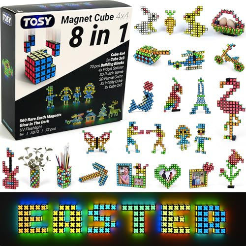 TOSY Magnet Cube 4x4 - 560 Magnete, 8in1 Spielzeug: 4x4 3x3 2x2 Puzzlewürfel, Verwandelbarer Fidget Spinner, Unendlichkeitswürfel, Bausteine, 2D und 3D Puzzlespiel, Valentinstag, Ostern, Geburtstag