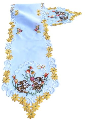 Gelbe Tulpen, Osterhasen, weiße Osterdecke, Tischläufer Tischdecke Mitteldecke (ca. 30x160 cm)