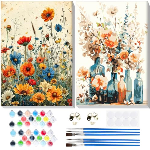 Lxmsja 2 Pièces Fleurs Peinture Numero Adulte avec Cadre, Peinture par Numéro Débutants, Numéro d'art avec Pinceaux, Loisirs Créatifs Adultes, Activité Manuelle Adulte, 20x30cm