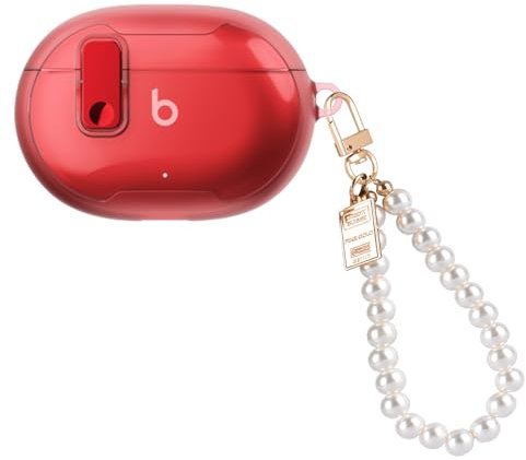 DiyGody Compatible for Beats Studio Buds/Studio Buds Plus Case with Luxury Pearl Keychain, Unique Security Lock Design TPU Shockproof Protective Cover Case for Beat Studio Buds -Clear Red