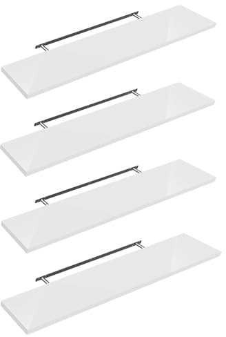 Shelfinity Set of 4 White Floating Shelves for Wall | 110cm High Gloss Modern Wall Shelves | For Bedroom Living Room Bathroom Kitchen Office | Floating Shelf Unit Ideal for Display & Storage
