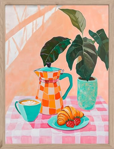 STYLER Bild Brunch 30x40 cm (AUFHÄNGFERTIG) mit Holzrahmen – Stilvolles Frühstücks-Wandbild für Küche und Esszimmer – Modern Retro Dekorativ Hochwertig