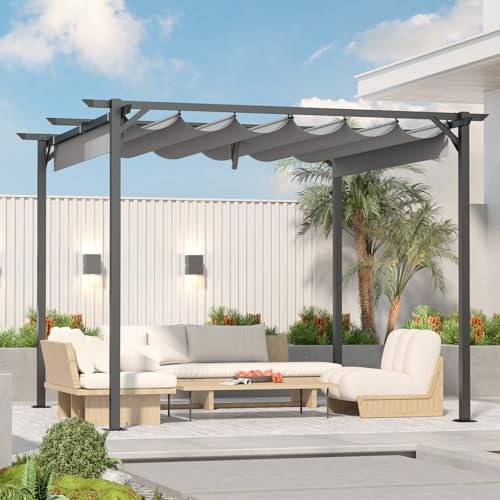 Gazebo, bigzzia Metal Pergola With Retractable Roof,Outdoor Parasol Features Water-Resistant And SPF 15 With PU Coated Canopy,Sun Shade For Garden Party Barbecue Event (Gray, 305CMX305CM)