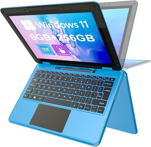 AWOW Touchscreen-Laptop, 2-in-1 11,6 FHD 4-Core Celeron N4120 Prozessor Wi-11 OS 6GB RAM 128GB M.2 SSD Speicher Convertible Laptop für Kinder (Blau)