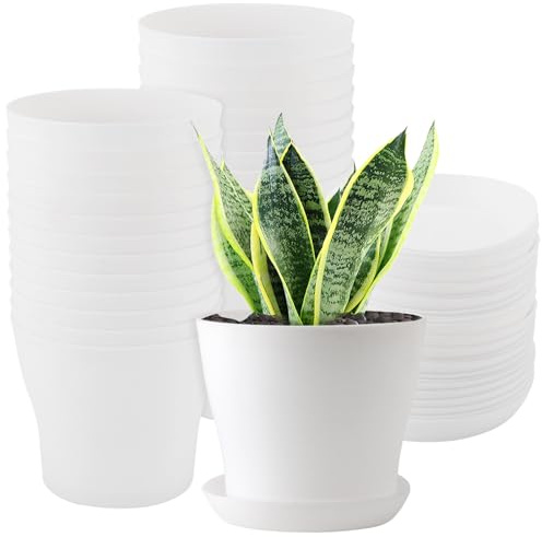 HEIYUET 24 macetas de 10 cm, Color Blanco, pequeñas, de plástico, con Plato, Maceta de plástico, para Interior, balcón, jardín, Plantas