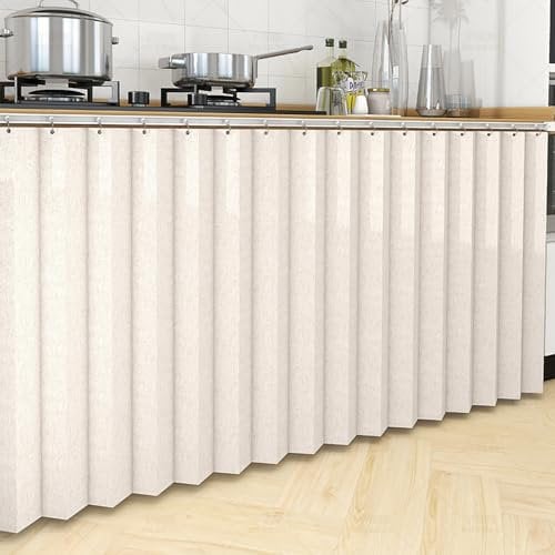 Koncey Schrankvorhang Zum Schieben, Staubdichter Vorhang für Regale mit Gleitschienen, Faltbarer Unsichtbarer Vorhang für Unter der Spüle Kleiderschrank, Breite x Höhe(Off-White,80 x 70 cm)