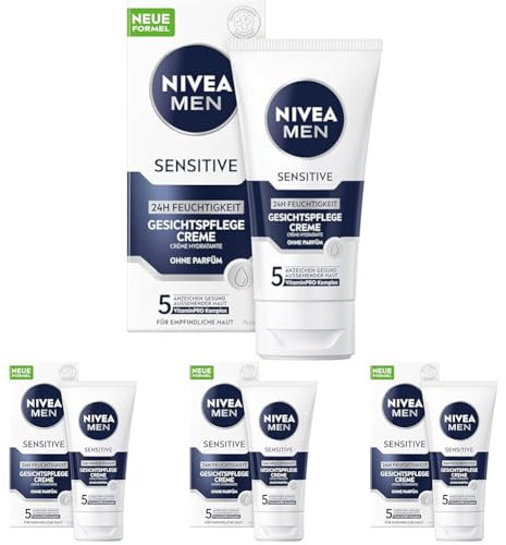 NIVEA MEN Sensitive Gesichtspflege Creme, 24h Feuchtigkeitscreme für empfindliche Männerhaut, beruhigende Gesichtscreme zur Linderung von Hautirritationen (75 ml) (Packung mit 4)